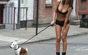 Emily Ratajkowski passeia cão em lingerie
