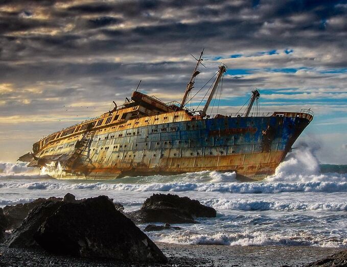 barco, naufragado, praia, tempestade
