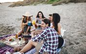 Amigos, praia, jovens, música, pic nic