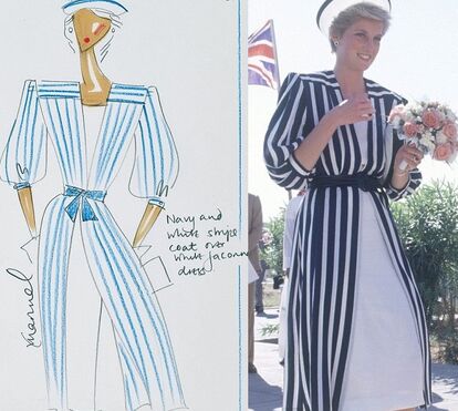 Os croquis dos vestidos que Lady Di usou na visita à Arábia Saudita em 1986
