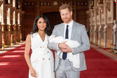 Meghan Marke e o píncipe Harry na apresentação oficial do primeiro filho. 