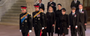 Vigília dos netos de Isabel II. Wiliam, Harry, Beatrice, Eugenie, Louise, Zara, James e Peter Phillips