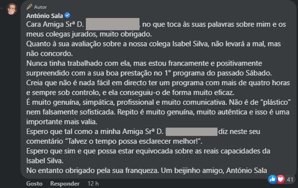 António Sala, Isabel Silva, comentário, redes sociais, crítica