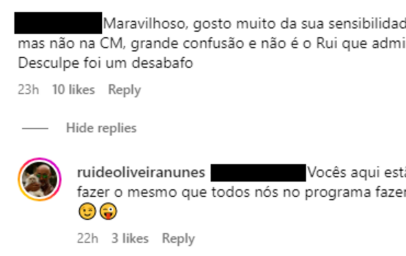 Rui Oliveira, rede social, resposta, crítica, cmtv