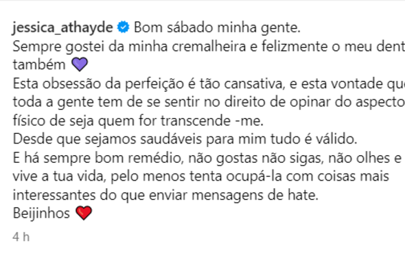 Jessica Athayde, mensagem