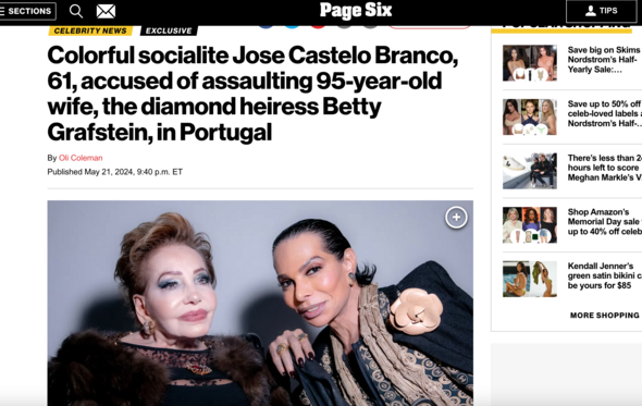 José Castelo Branco e Betty Grafstein notícia no Page Six