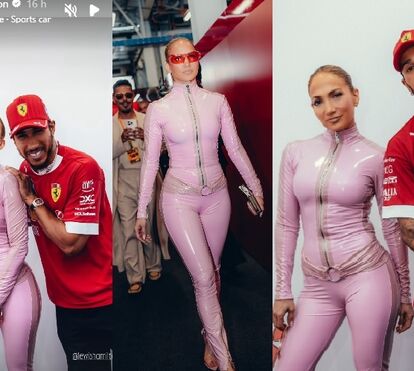 Jennifer Lopez seduz nas boxes da Ferrari vestida de pantera cor-de-rosa