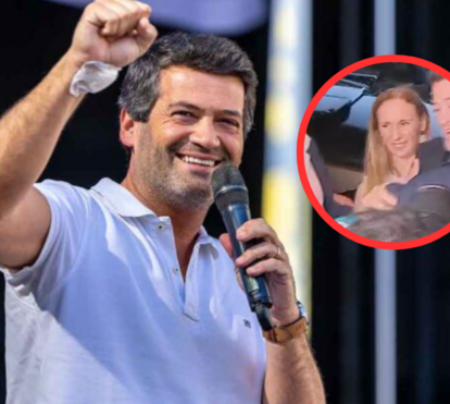 Agora, já não o larga! Mulher de André Ventura colada ao político na chegada à sede de campanha