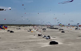 Papagaios de papel de diferentes cores e formatos sobrevoam a ilha dinamarquesa de Fano