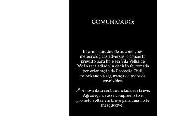 Concerto de Tony Carreira em Vila Velha de Ródão adiado devido ao mau tempo