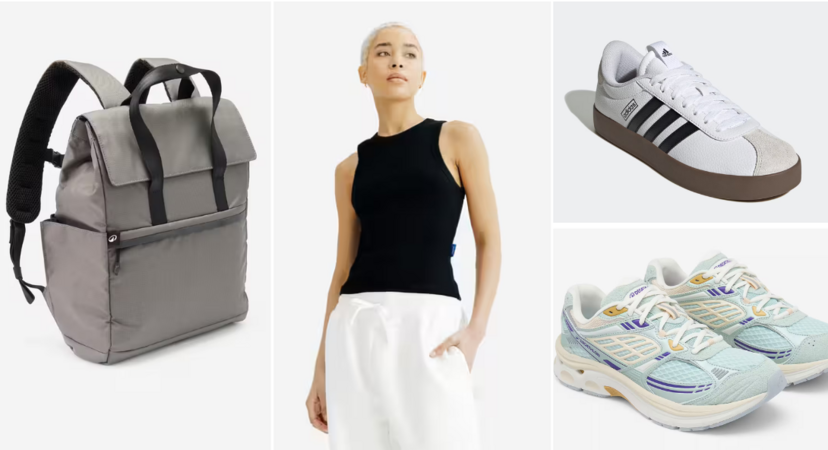 Essenciais desportivos e casuais: mochila, top, calças fluidas e ténis Adidas e Decathlon