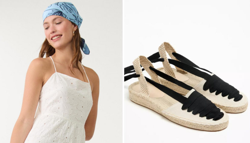 Vestido bordado e sandálias com fivelas da Stradivarius, peças de verão