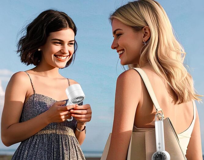 Duas mulheres com ventoinha portátil para refrescar no tempo quente