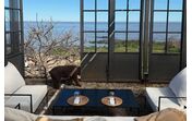 Interior acolhedor com vista para o mar, cadeiras, mesa e um cão castanho