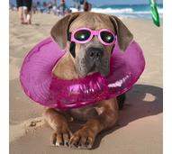 Cão aproveita dia de calor na praia com óculos e boia