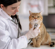 Veterinária examina gato com estetoscópio; proteção para animais de estimação