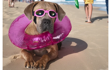 Cão aproveita dia de calor na praia com óculos e boia