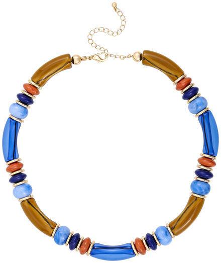 Colar de missangas azuis, castanhas e laranjas com detalhes dourados