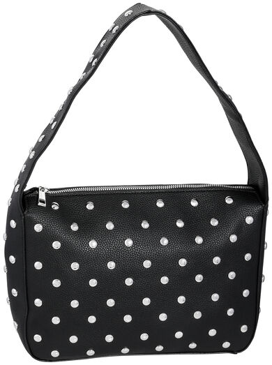 Bolsa preta com detalhes metálicos, acessório de moda atual