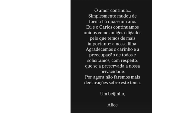 Alice Alves anuncia o fim da relação com Carlos Afonso