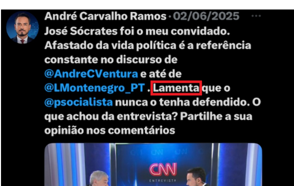 O tweet de André Carvalho Ramos que Rita Matias leu mal