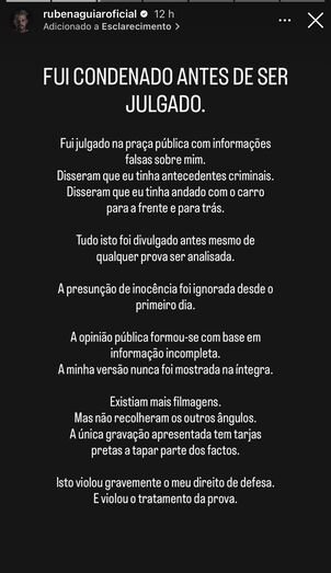 Rúben Aguiar alega ter sido condenado antes do julgamento, com informações falsas