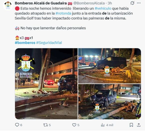 Bombeiros resgatam condutor após acidente numa rotunda em Alcalá de Guadaíra, Sevilha. Sem feridos