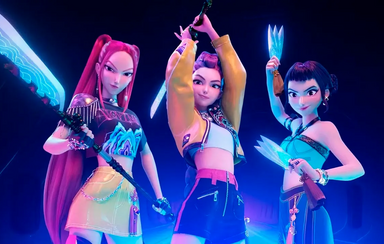 Um trio de guerreiras Kpop com espadas brilhantes domina o palco em Portugal.

