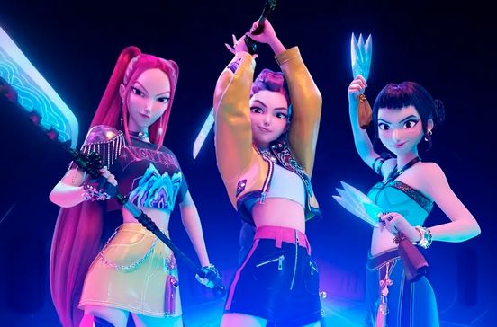 Um trio de guerreiras Kpop com espadas brilhantes domina o palco em Portugal.
