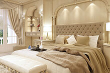 Quarto elegante e luxuoso convida ao descanso.
