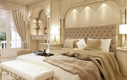 Quarto elegante e luxuoso convida ao descanso.
