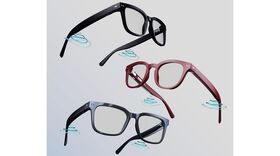 Três pares de óculos flutuam em tons de preto, vinho e cinza