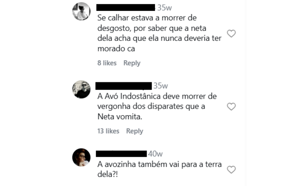 Comentários no Instagram de Rita Matias