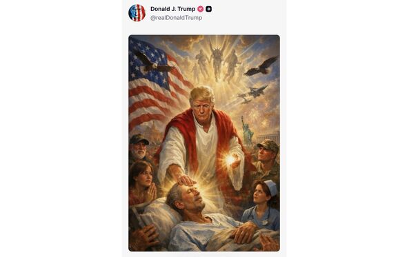 Trump vestido de Jesus cura doente, após críticas de blasfémia