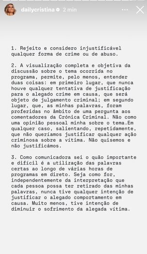 Cristina Ferreira rejeita crimes e abusos e esclarece opinião sobre comentários na Crónica Criminal.

