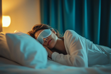 Mulher dorme com máscara num colchão para uma experiência premium de descanso
