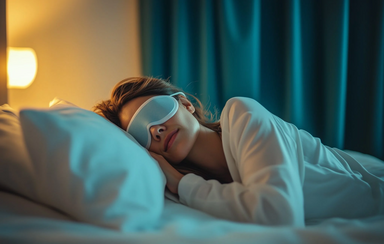 Mulher dorme com máscara num colchão para uma experiência premium de descanso