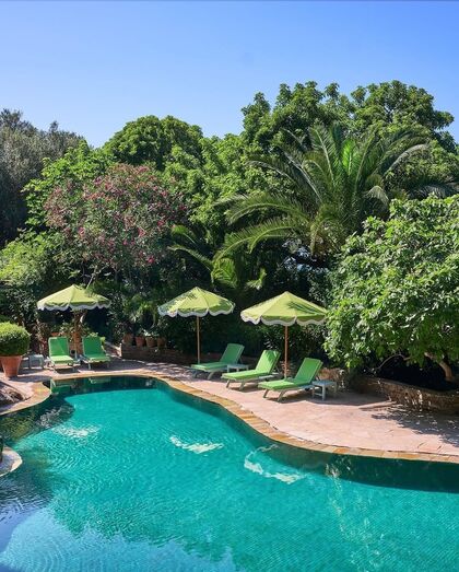 Piscina rodeada de vegetação exuberante e espreguiçadeiras verdes convidativas
