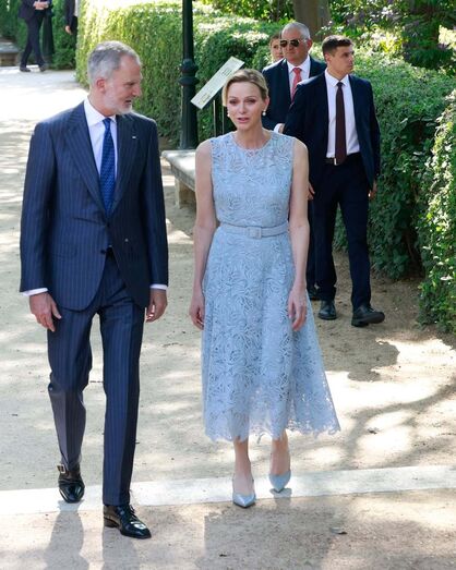 Reis de Espanha recebem Alberto e Charlene na Zarzuela, em Madrid.
