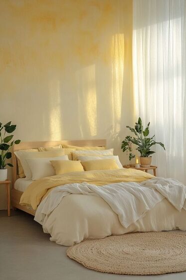 Um quarto com decoração em tons de amarelo-manteiga e luz natural