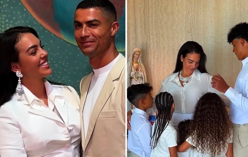 Georgina Rodríguez e Cristiano Ronaldo no casamento de Mateo, em lágrimas