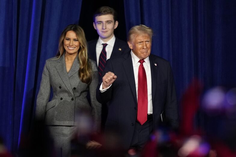 Trump and Barron Trump, arrives to speaks at an election